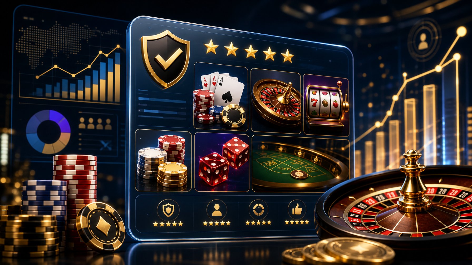 A Digital Casino Interface Showing Game Icons Like Poker Chips, Cards, Roulette, And Slot Machines With Charts And Graphs In The Background.