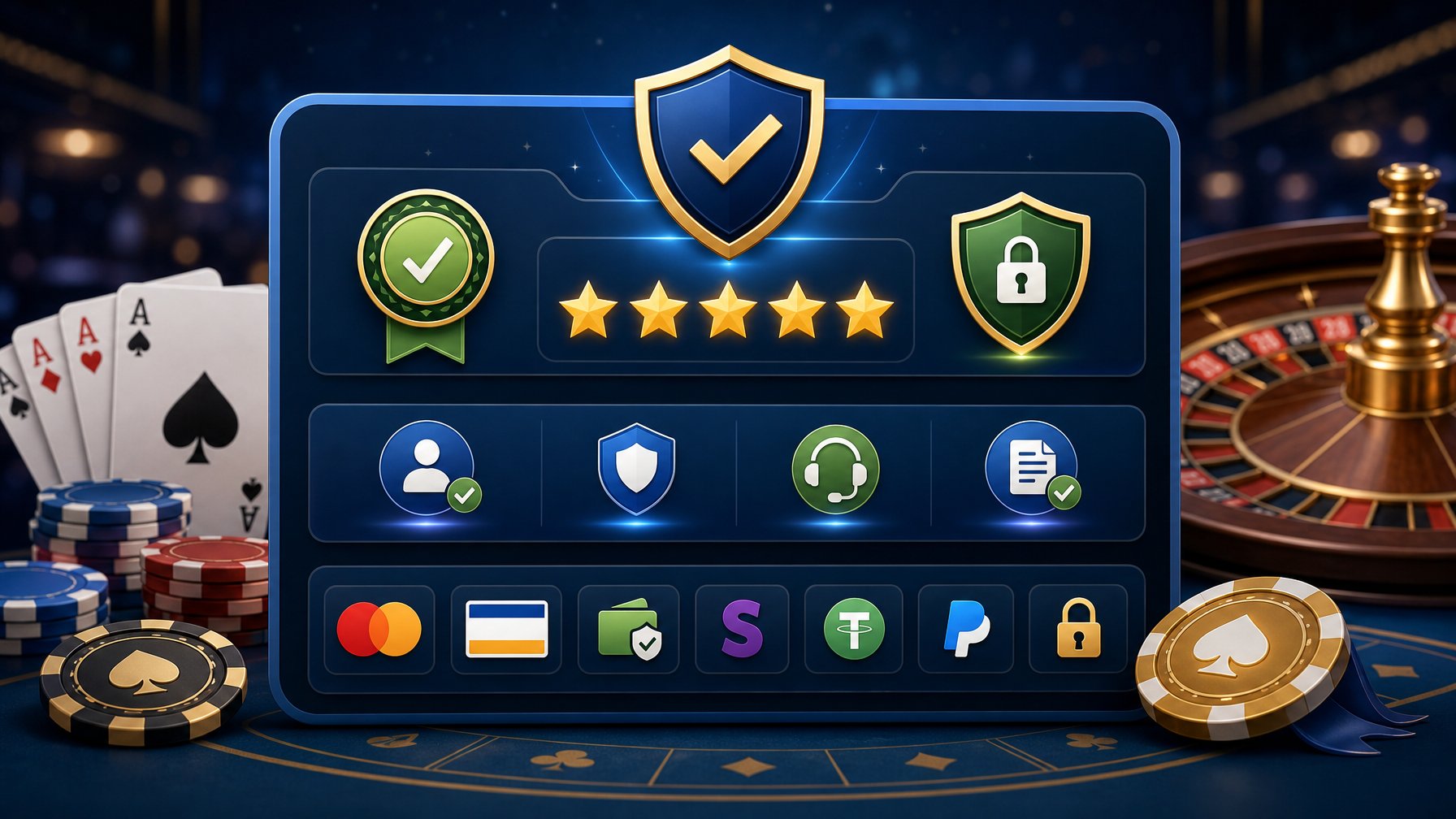 A Digital Dashboard Showing Trust Icons Like Verified Badges, Star Ratings, And Secure Payment Symbols With Casino Elements Such As Poker Chips And Playing Cards In The Background.