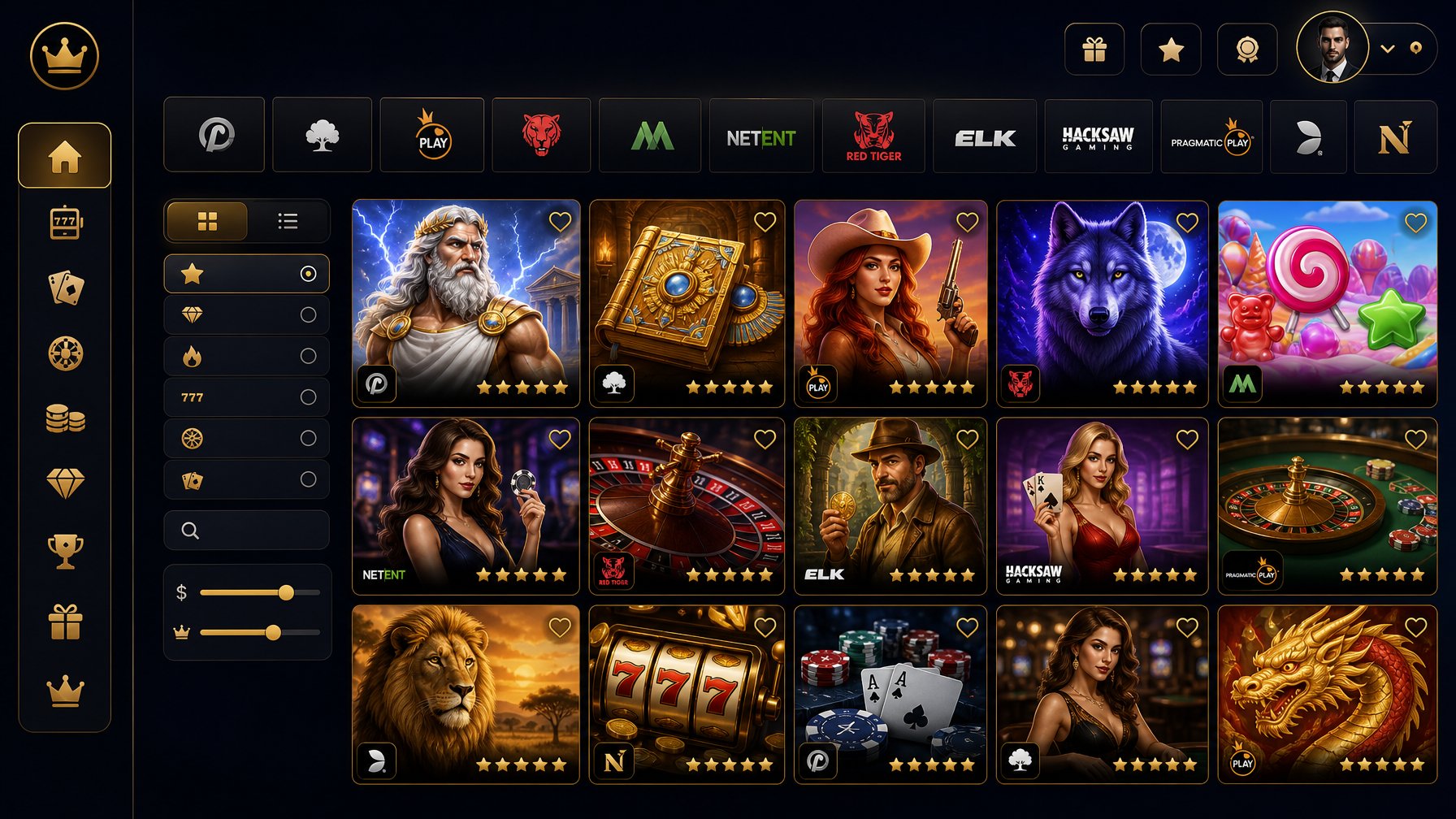 A Digital Casino Game Lobby Interface Showing A Grid Of Colorful Game Thumbnails With Icons Representing Slots, Poker, And Roulette, Highlighting A Variety Of HighQuality Game Providers.