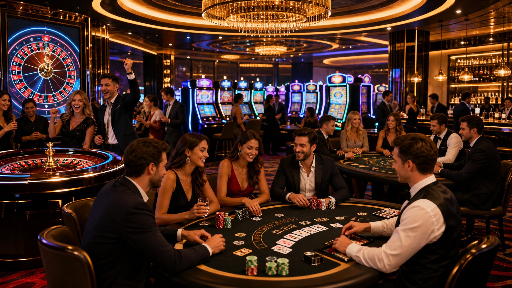 A Lively Casino Scene With Players At Gaming Tables, Slot Machines, And A Roulette Wheel In A Stylish Interior.