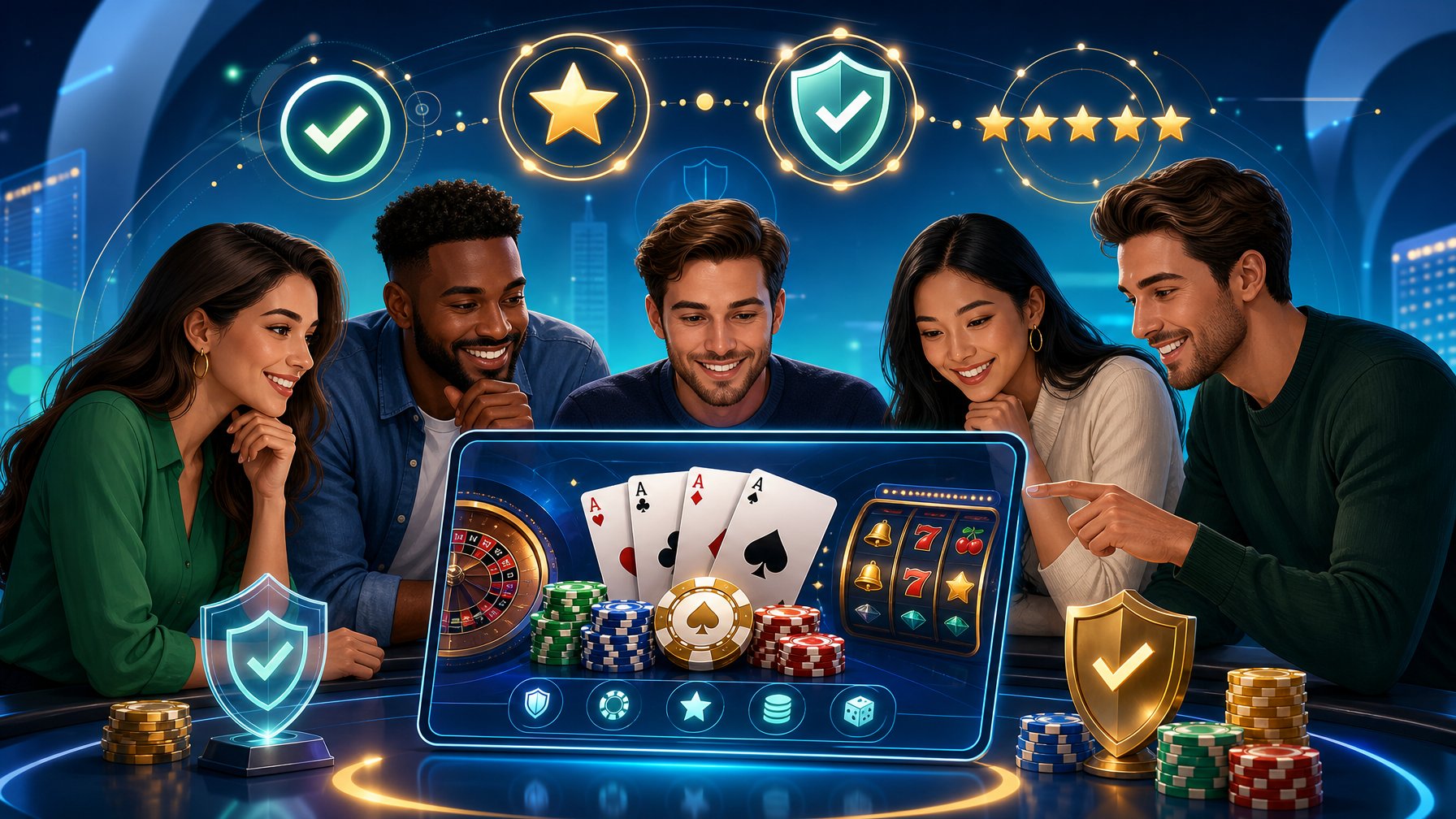 A Group Of People Interacting With A Digital Interface Showing Casino Elements And Trust Symbols Like Checkmarks And Stars.