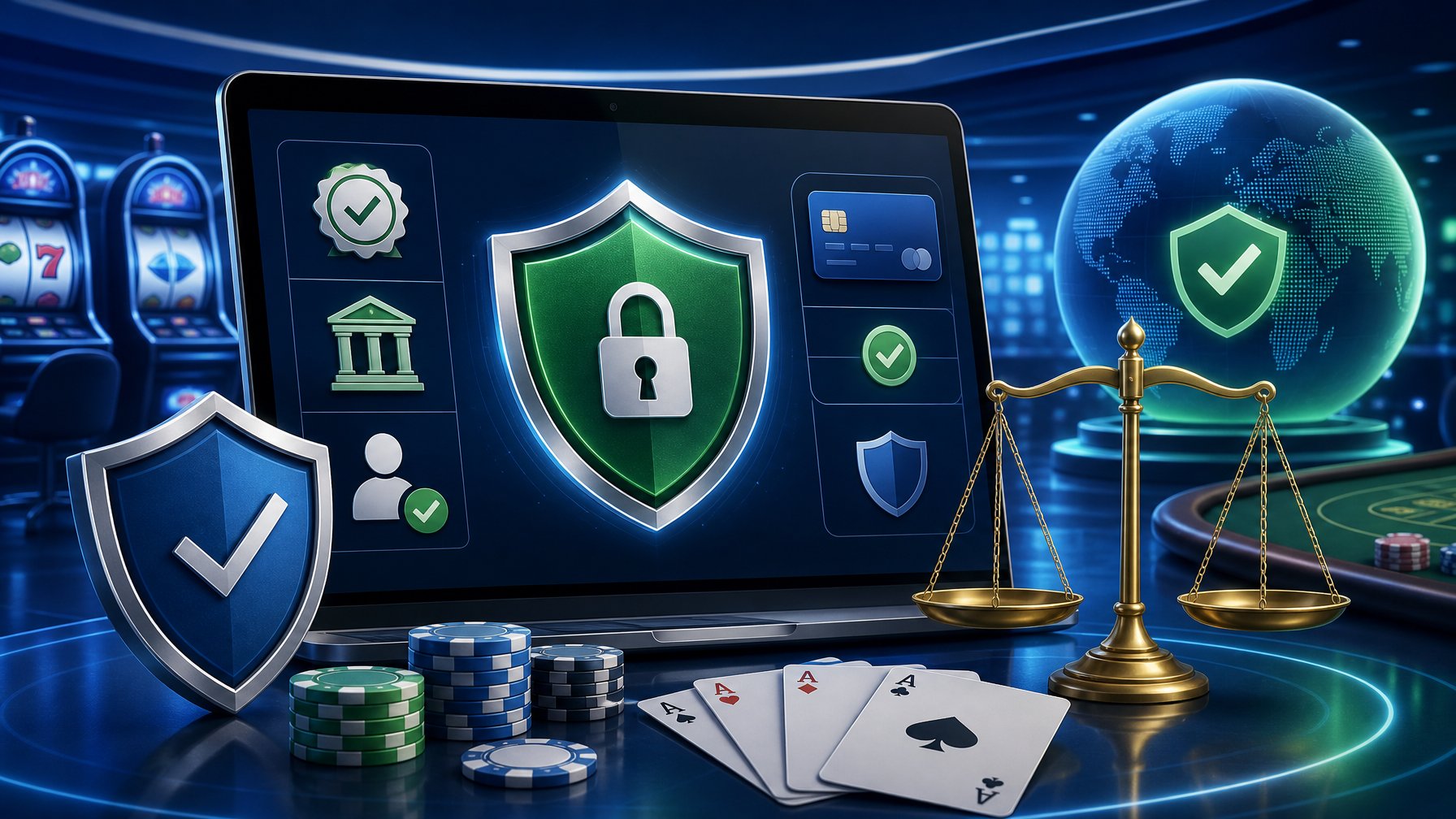 A Modern Casino Scene Showing Symbols Of Security, Licensing, And Fairness With A Shield, Balanced Scales, Poker Chips, And Playing Cards.