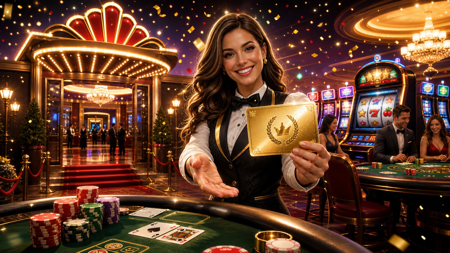 A Lively Casino Scene Showing A Welcoming Entrance, Gaming Tables With Chips And Cards, Slot Machines, And A Host Presenting A Welcome Bonus Card.