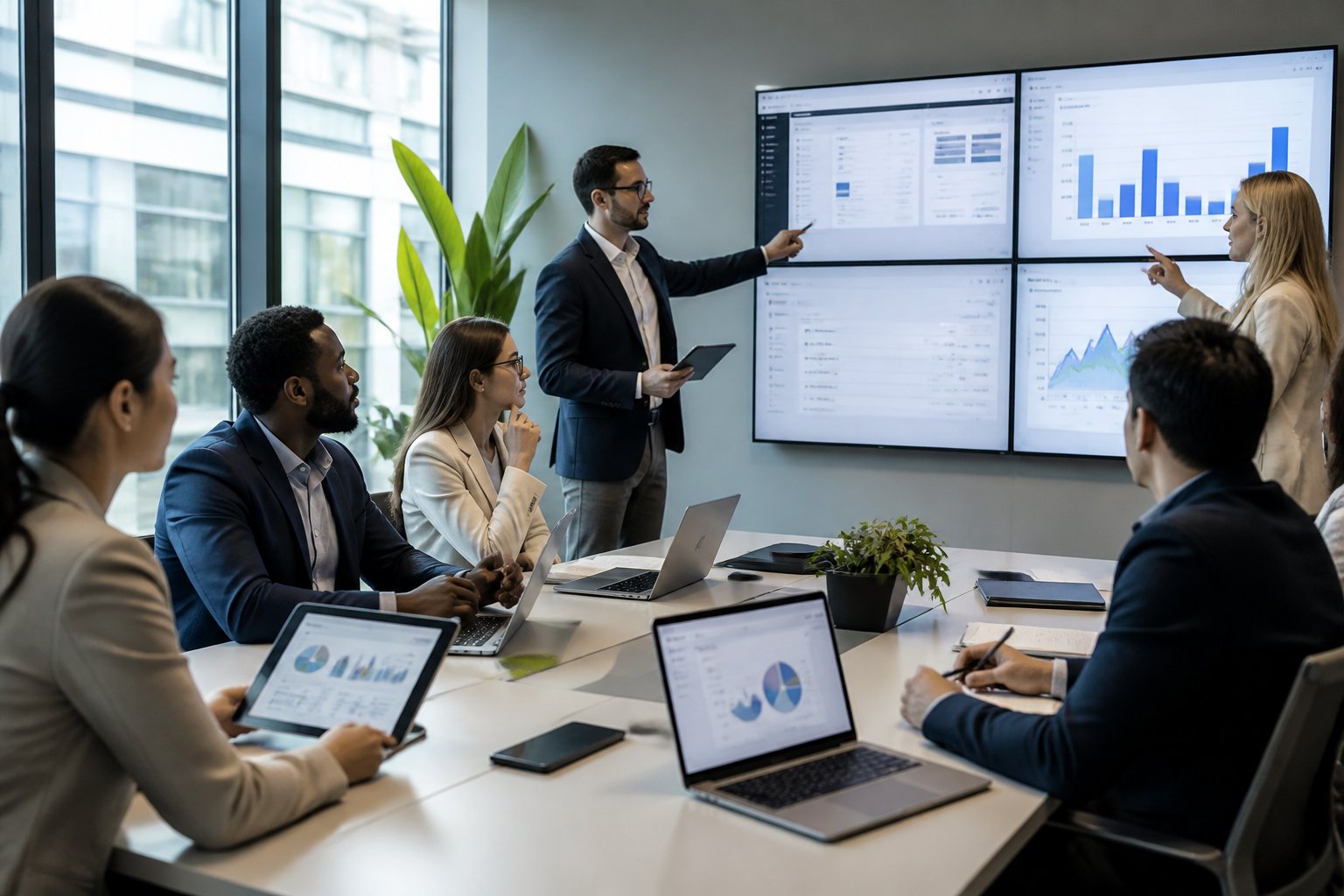 Mehrere Geschäftsleute arbeiten gemeinsam in einem modernen Büro an Computern und Bildschirmen, um die beste Verleihsoftware zu finden.