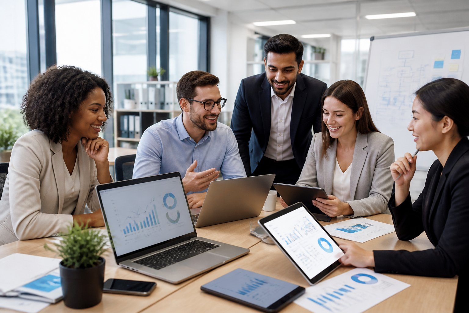 Geschäftsleute arbeiten gemeinsam an digitalen Geräten in einem modernen Büro, um eine Verleihsoftware zu besprechen.