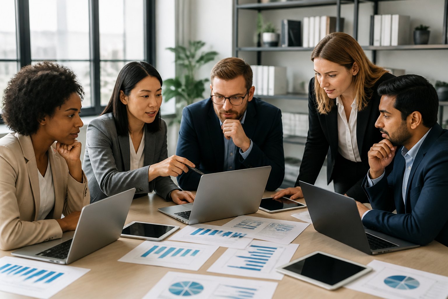 Mehrere Geschäftspersonen sitzen an einem Tisch und diskutieren vor Laptops und Diagrammen in einem modernen Büro.