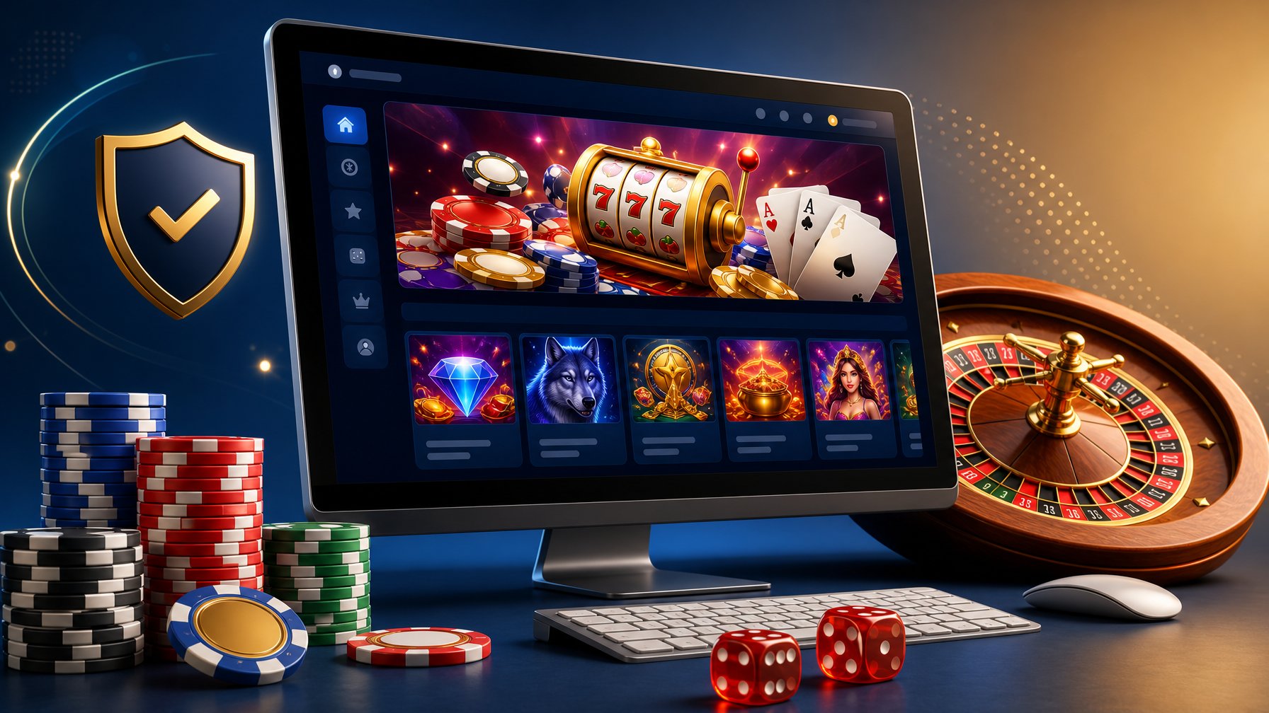 A Computer Monitor Showing A Colorful Online Casino Interface Surrounded By Poker Chips, Dice, And A Roulette Wheel On A Clean Background.