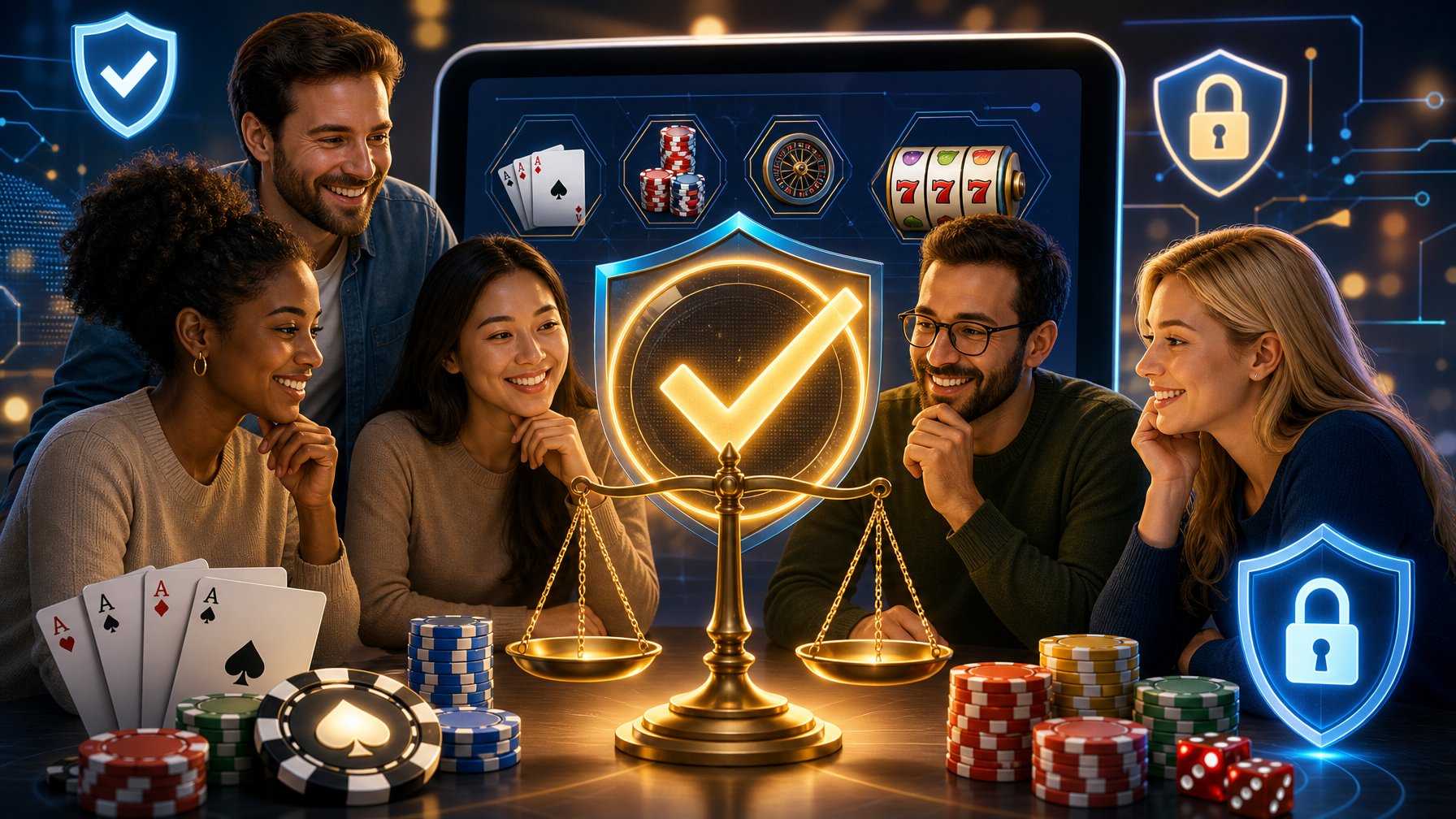 A Group Of People Reviewing Casino Symbols With Trust Icons Like A Glowing Checkmark And Balanced Scale, Symbolizing Fairness And Approval.