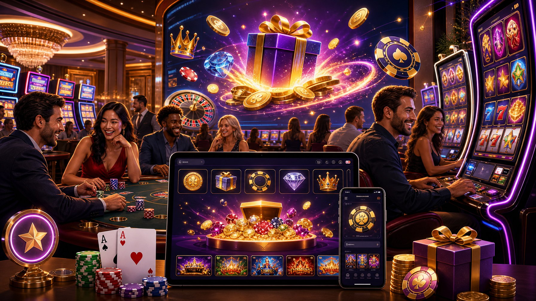 A Casino Scene With Slot Machines, Poker Chips, Playing Cards, And Happy Players Enjoying Games Surrounded By Glowing Promotional Icons.