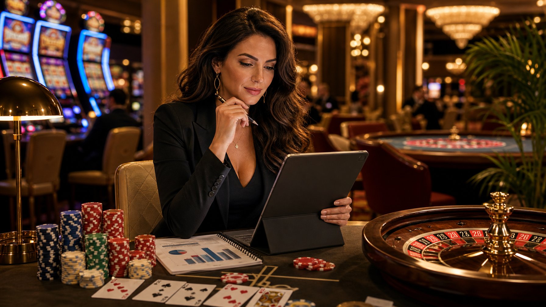 A Woman Sitting At A Desk In A Casino Environment Surrounded By Poker Chips, Cards, And A Roulette Wheel, Looking Thoughtfully At A Tablet.