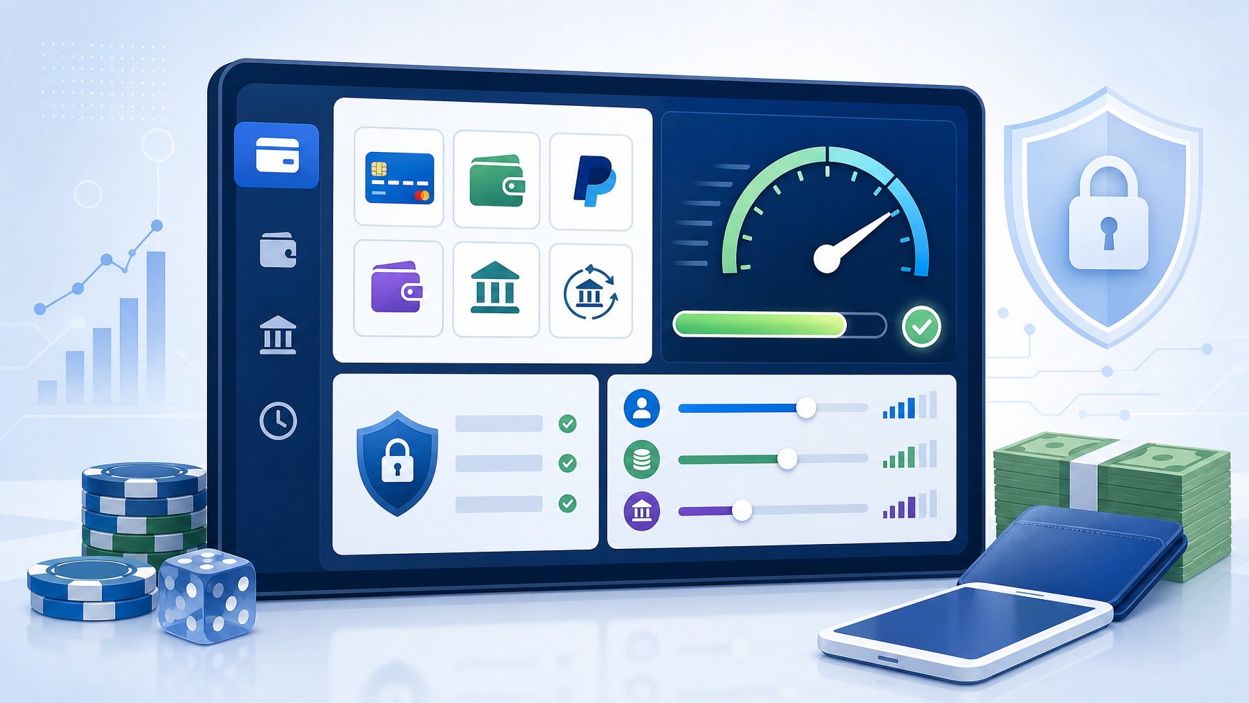 A Digital Dashboard Showing Payment Methods, A Speedometer For Cashout Speed, And Limit Indicators Representing Transaction Controls.