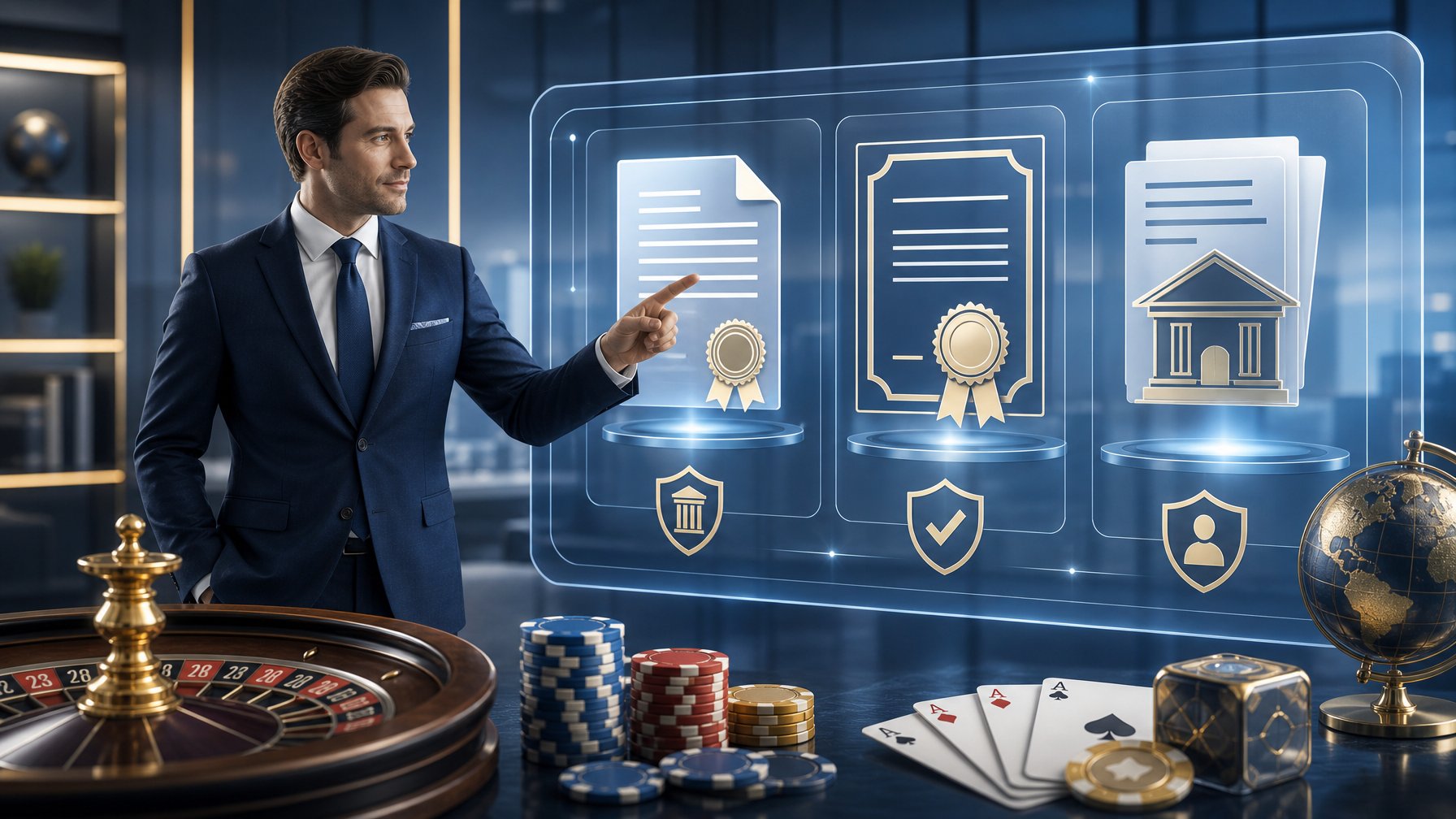 A Business Professional Pointing At A Transparent Digital Screen Showing Legal Documents And Casino Symbols, Representing Licensing And Transparency.
