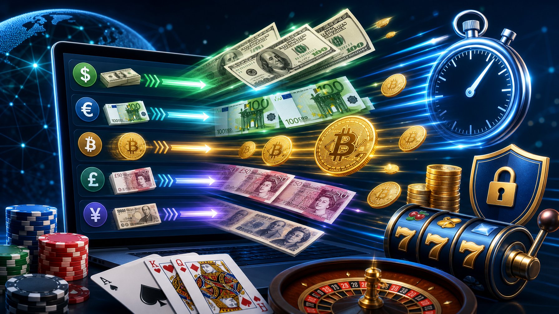 Illustration Showing Various International Currencies Flowing Around Casino Chips And Playing Cards, With Symbols Indicating Fast Payouts In An Online Casino Setting.