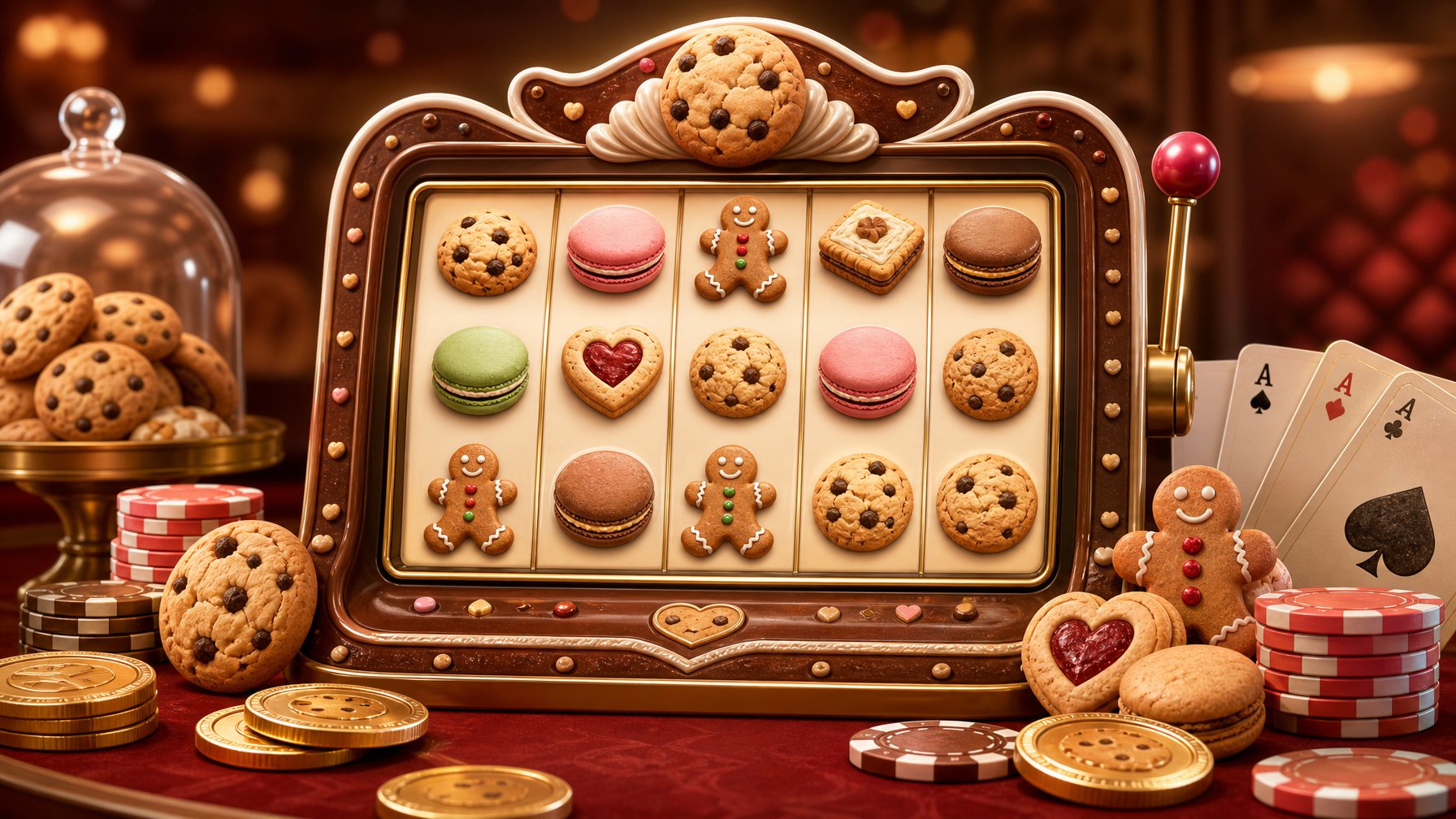 A Digital Slot Machine Decorated With Various Cookie Icons Surrounded By Poker Chips, Playing Cards, And Gold Coins In A Warm, Inviting Online Casino Setting.
