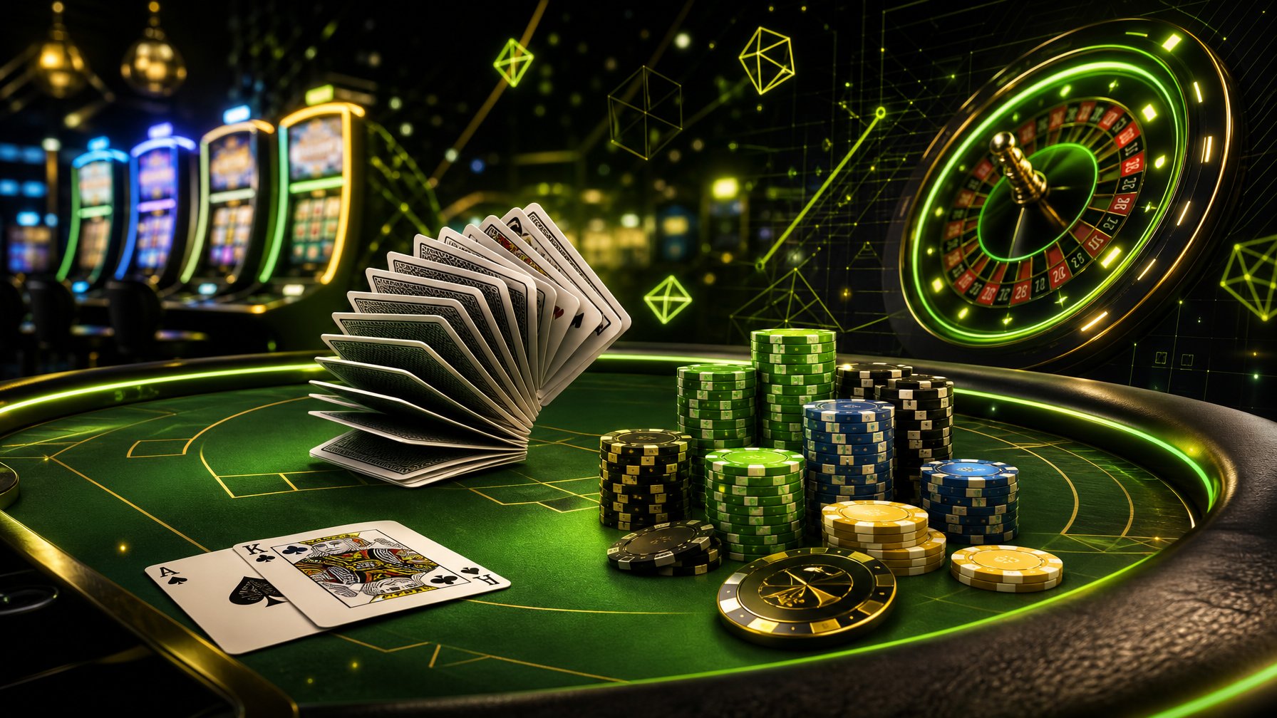 A Casino Scene With A Green Gaming Table, Poker Chips, Playing Cards, Slot Machines, And A Roulette Wheel, All Conveying A Lively And Modern Gambling Environment.