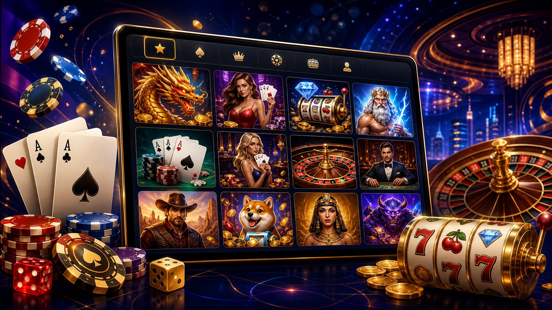 A Digital Casino Interface Showing Various Game Icons With Playing Cards, Dice, Poker Chips, And Slot Reels Around It, Set Against A Lively Background.