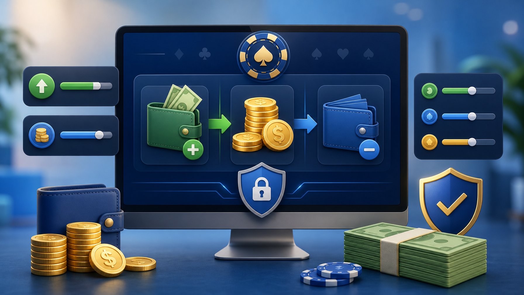 A Digital Illustration Showing A Modern Device With Icons Representing Money Deposits, Withdrawals, And Transaction Limits In An Online Casino Setting.