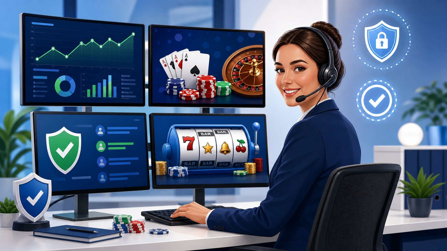 A Customer Support Agent Wearing A Headset At A Desk With Computer Screens Showing CasinoRelated Icons And Charts.