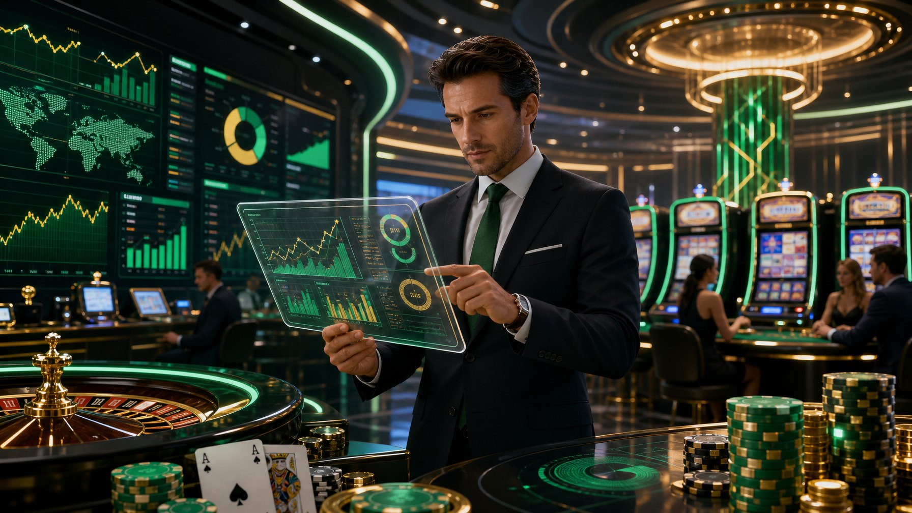 A Business Professional Reviewing Data On A Digital Tablet In A Modern Casino Environment With Charts And Casino Elements Around.