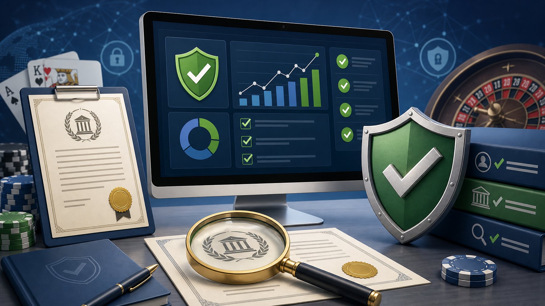 A Digital Workspace Showing A Computer Monitor With Verification Symbols, Official Documents, A Magnifying Glass, And A Security Shield Surrounded By Subtle Casino Icons.