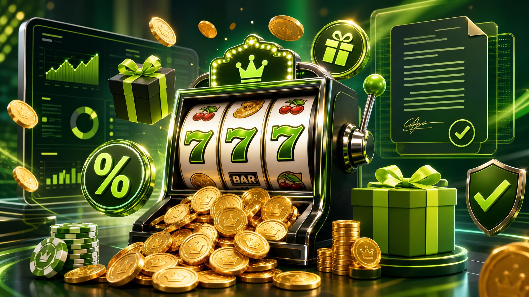 A Vibrant Casino Scene Featuring A Slot Machine With Coins And Symbols, Surrounded By Icons Representing Bonuses And Promotional Terms.
