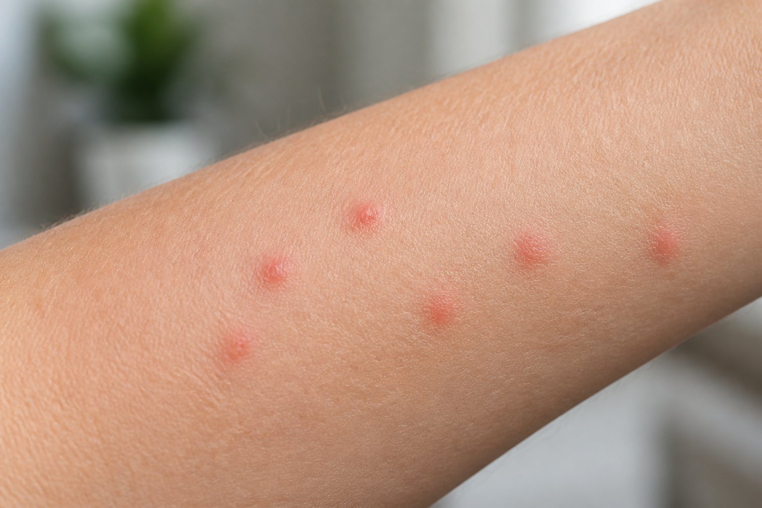 Close-up of a forearm with small red bed bug bite marks appearing on the skin.