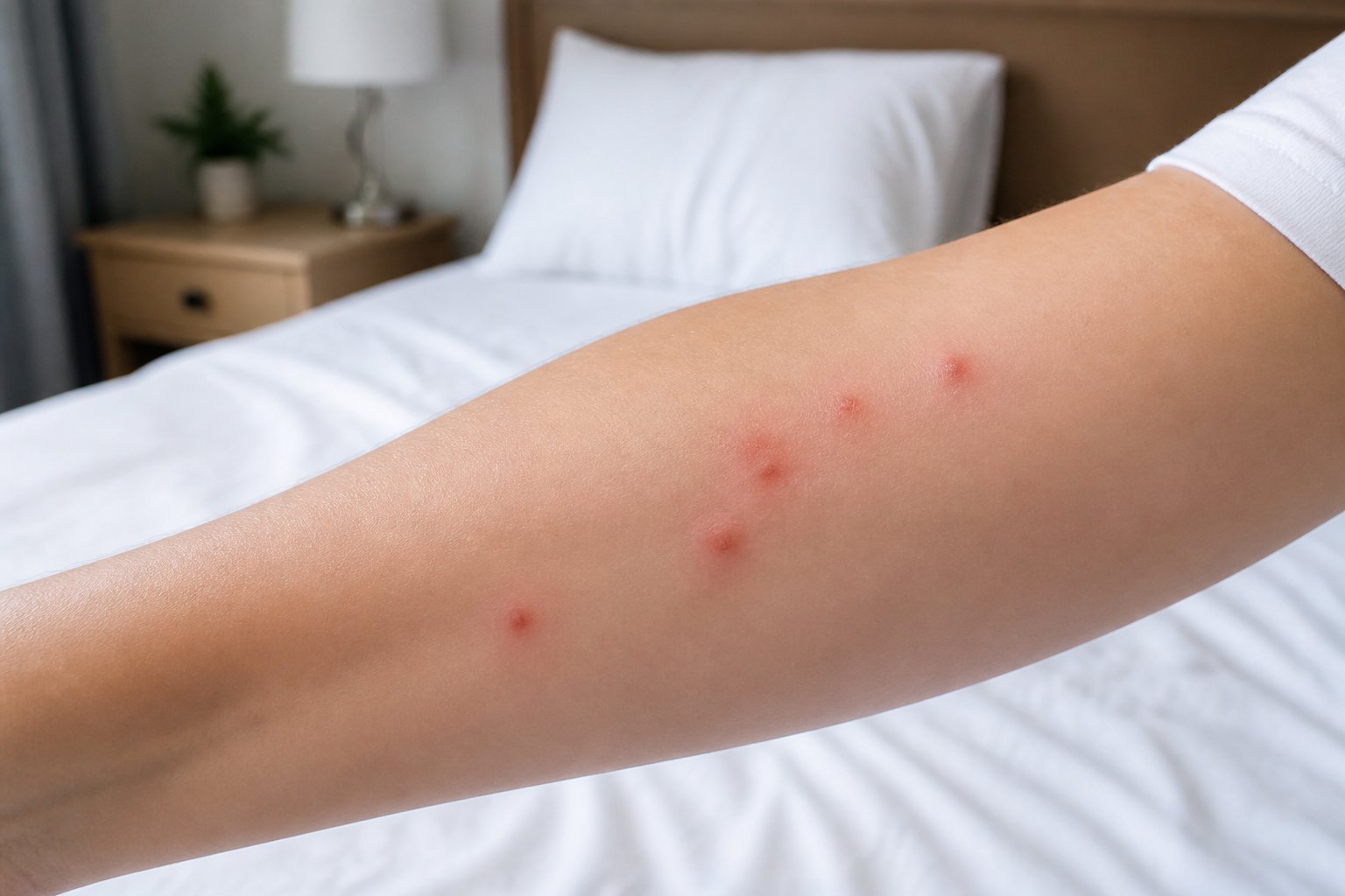 Close-up of a forearm with red bite marks and a blurred bedroom in the background.