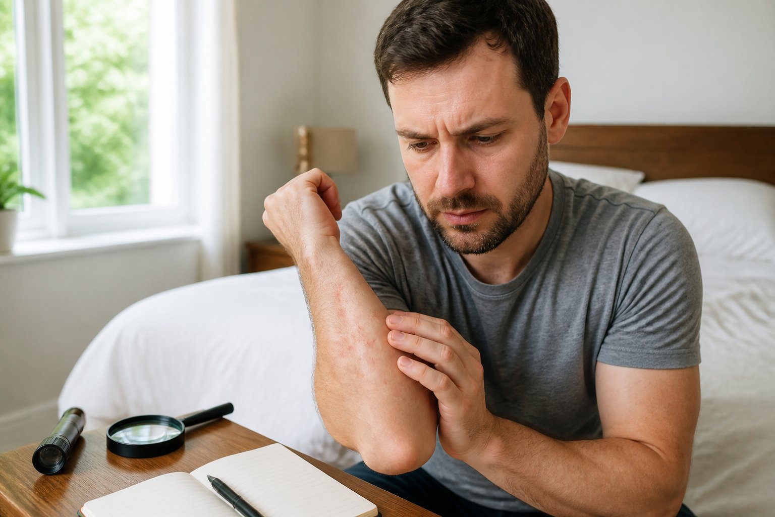 Person closely examining red bite marks on their forearm in a bedroom with a bed and bedside table in the background.