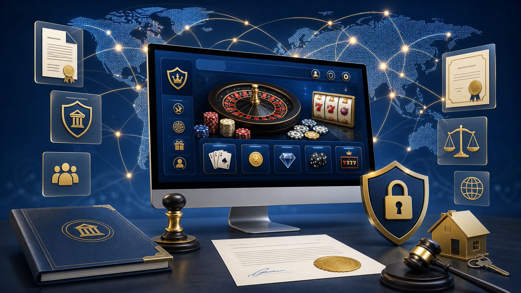 A Digital Casino Interface On A Computer Screen Surrounded By Icons Of Legal Documents And Global Network Connections Symbolizing Licensing, Ownership, And Market Access.