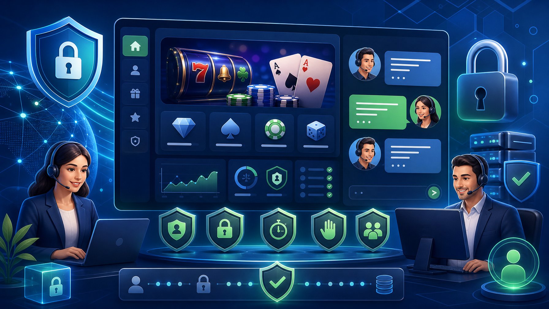 A Digital Casino Interface With Symbols Of Security Like Shields And Padlocks, Customer Support Agents Assisting Users, And Icons Representing Slot Machines And Cards.