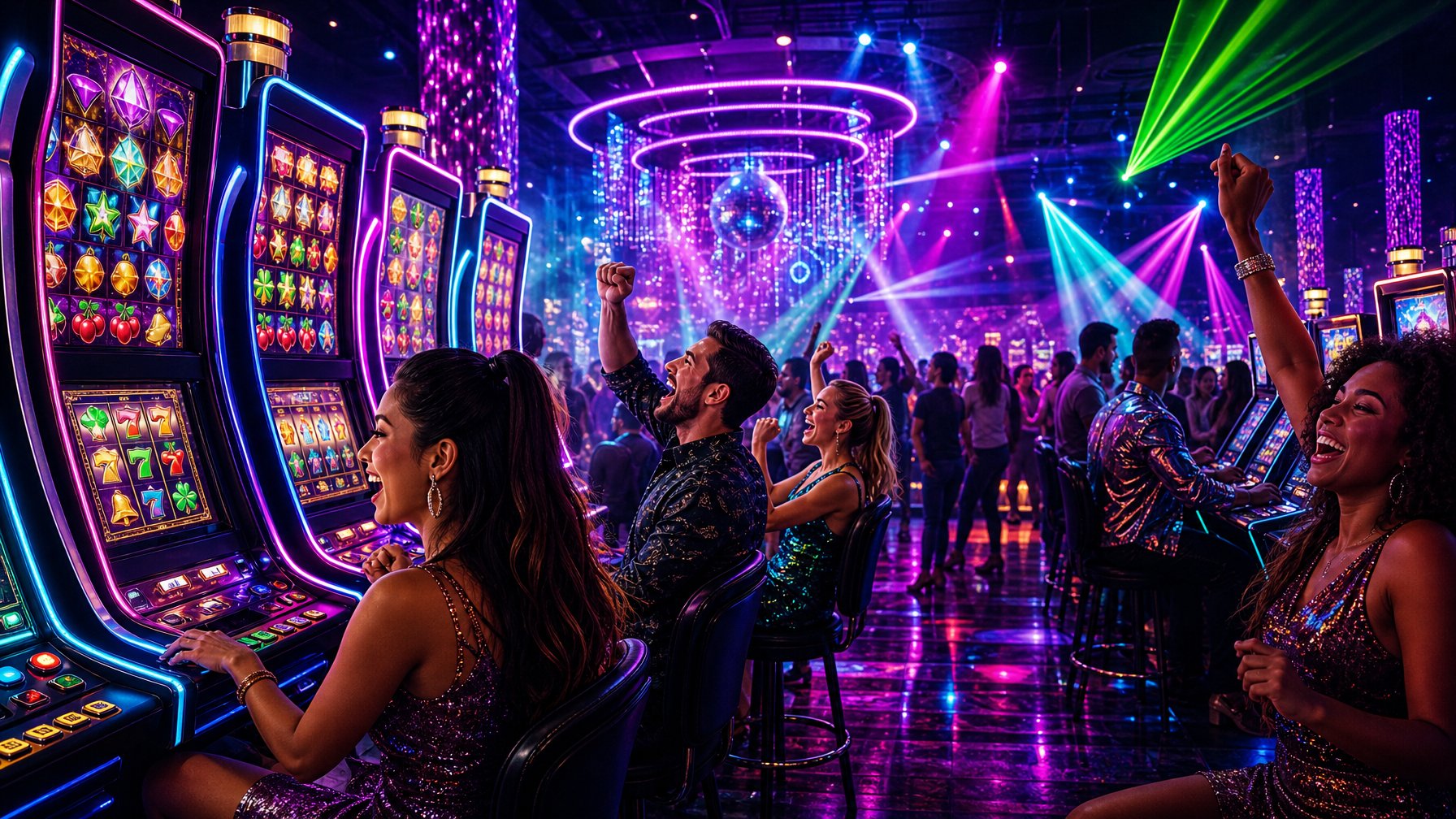 A Lively Casino Scene With Glowing Slot Machines And Colorful Neon Lights, Showing People Enjoying The Games And Celebrating Wins.