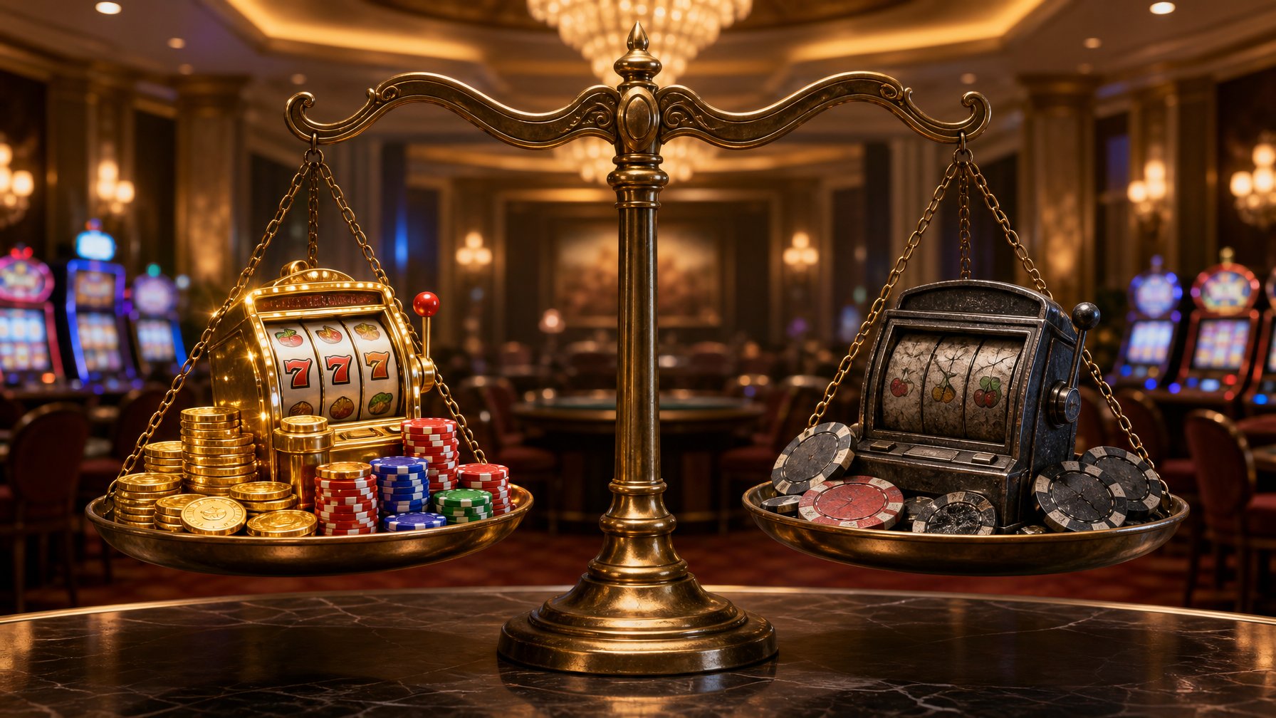 A Balanced Scale With Casino Coins And Chips On One Side And Cracked Chips On The Other, Set Against A Casino Interior Background.