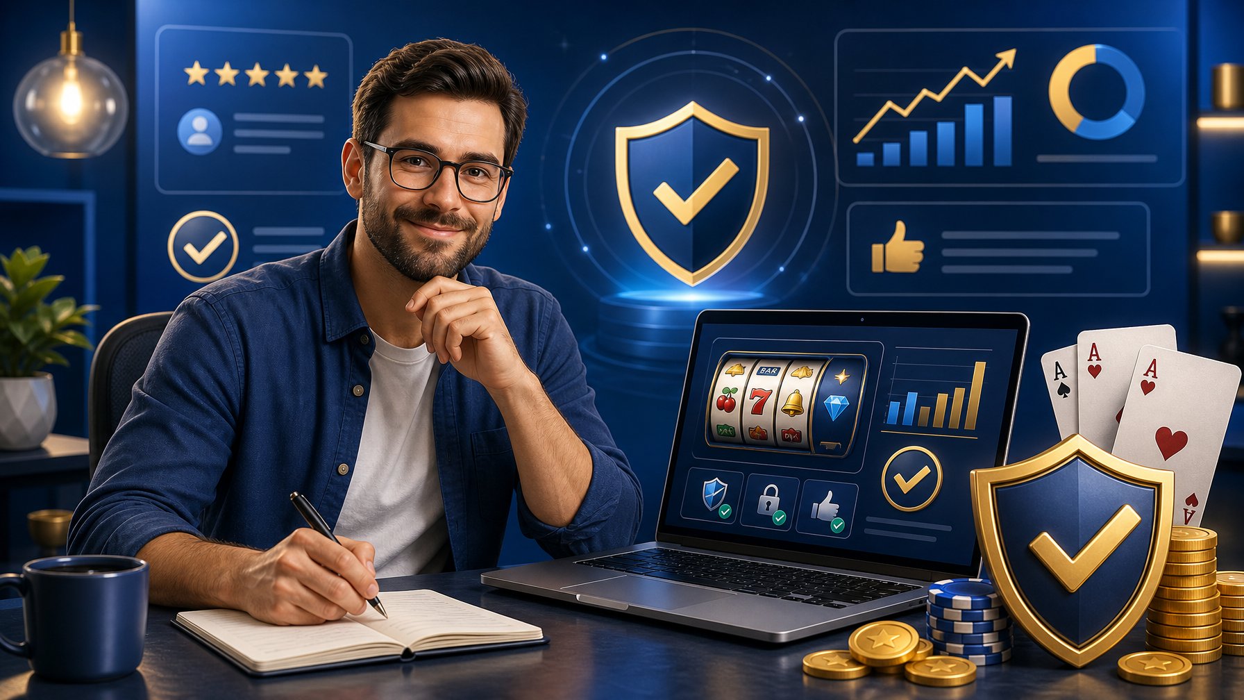 A Person At A Desk With A Laptop Showing Casino Icons And Charts, Surrounded By Symbols Of Coins, Playing Cards, And A Shield Representing Trust And Security.