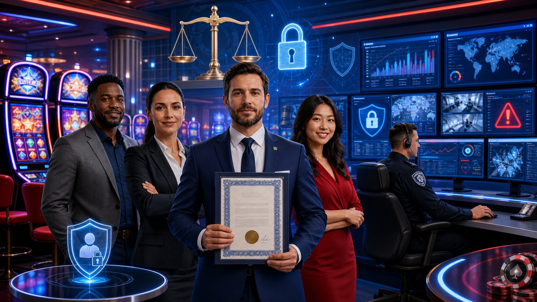 A Casino Scene With Slot Machines, A Manager Holding Documents, A Security Officer Monitoring Screens, And Symbols Of Legal Protection And Digital Security.