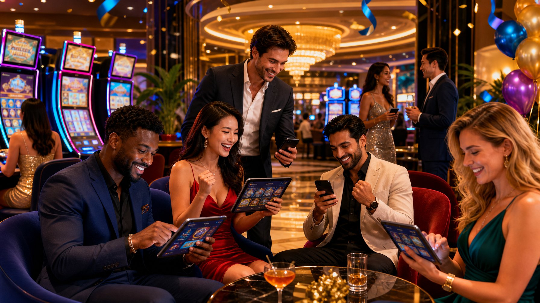 A Lively Casino Lobby With Slot Machines And Diverse Players Enjoying Promotions And Offers On Digital Devices.