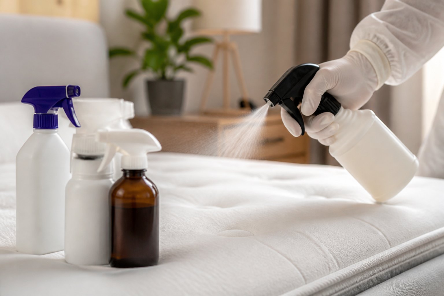 A person wearing gloves sprays bed bug spray onto a mattress indoors with several spray bottles visible on a nearby surface.