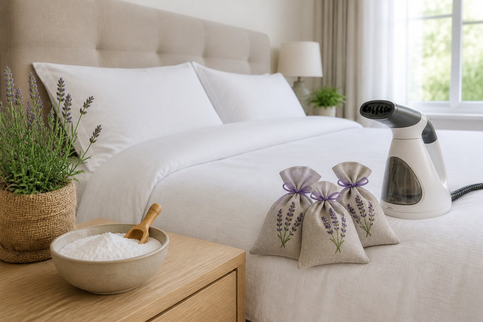 A bedroom scene showing natural bed bug treatment items like diatomaceous earth, lavender sachets, and a steamer on a bedside table next to a neatly made bed.