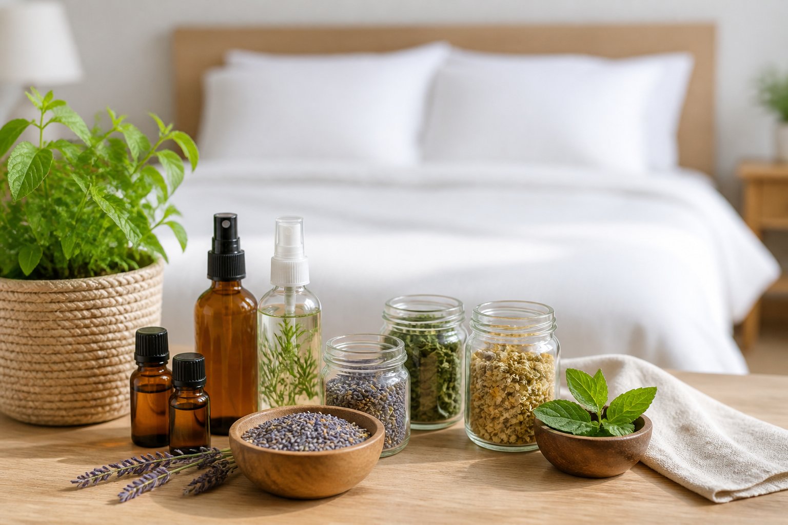 A bright home scene with natural remedies like essential oils, dried herbs, and a potted plant on a wooden table near a neatly made bed.