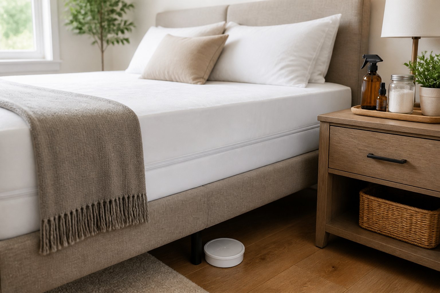 A clean bedroom with a protected mattress, a bed bug monitor near the bed frame, and natural prevention items on a nightstand.