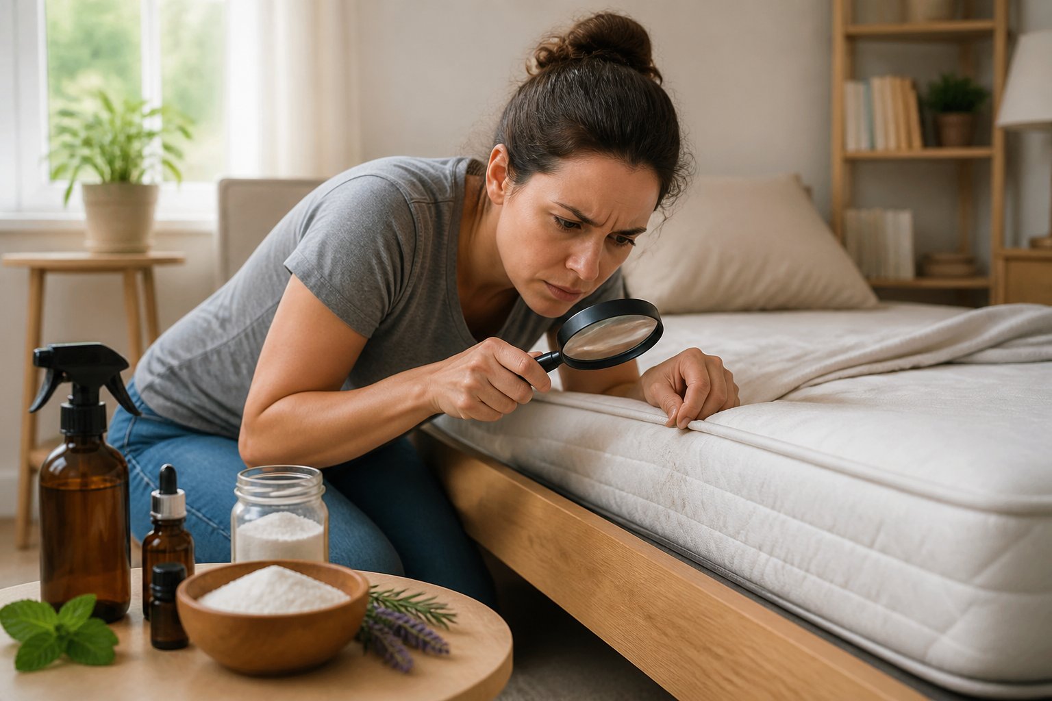 An adult inspecting a mattress with a magnifying glass in a bright bedroom with natural pest control items on a bedside table.