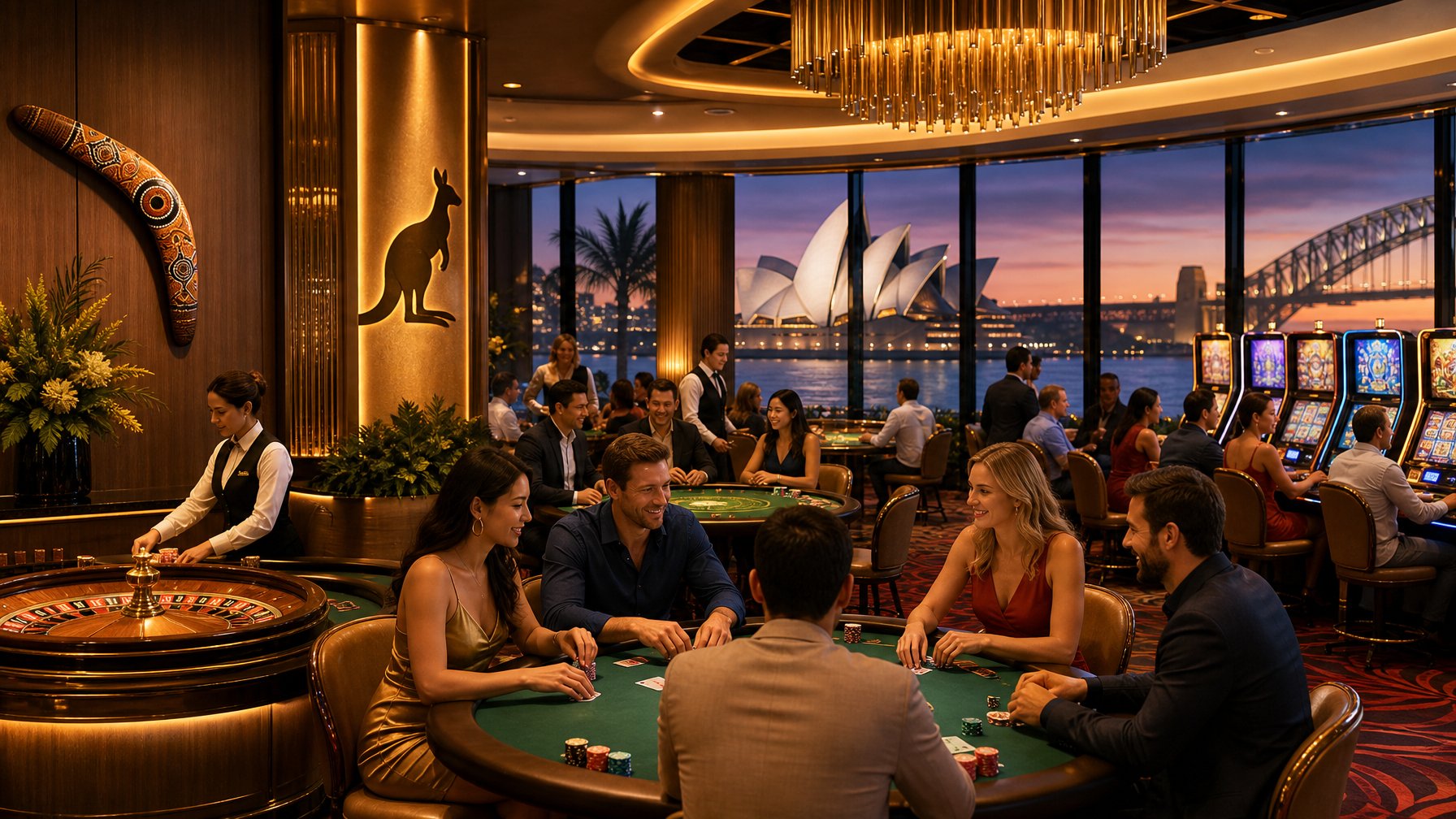 A Lively Casino Interior With Gaming Tables, Slot Machines, And AustralianThemed Decorations Including A Kangaroo Silhouette And A View Of The Sydney Opera House.