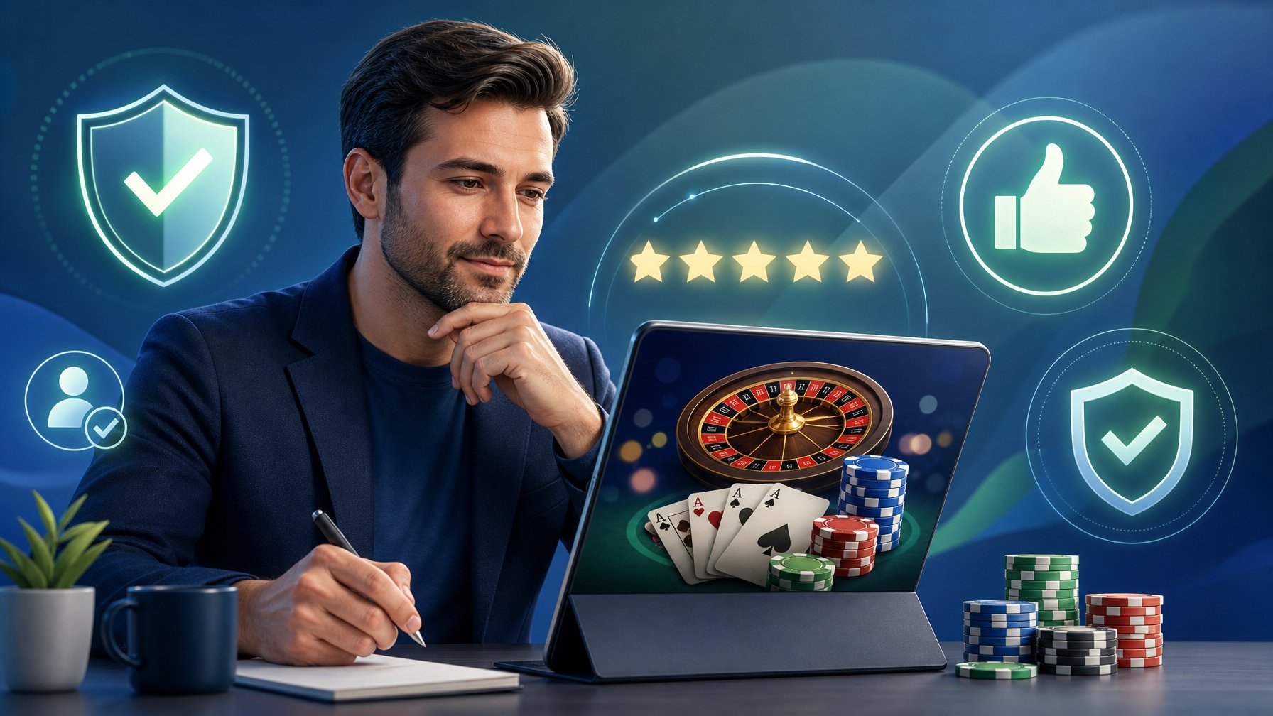 A Person Reviewing CasinoRelated Icons On A Digital Device Surrounded By Symbols Of Trust Like Checkmarks And Shields.