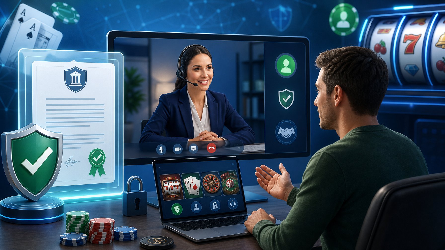 A Digital Scene Showing A Secure Online Casino Interface With Symbols Of Safety, Licensing Certificates, And A Person Interacting Honestly With A Player On A Computer.