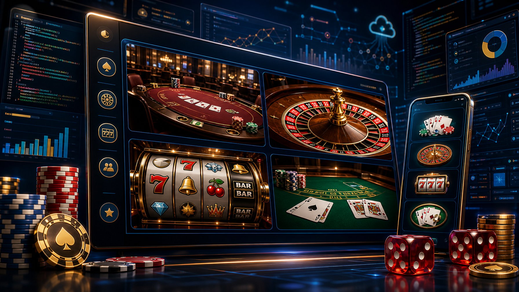 A Digital Scene Showing Multiple Casino Games And Software Elements Arranged On Screens, Illustrating A Casino Games Portfolio And Software Depth.