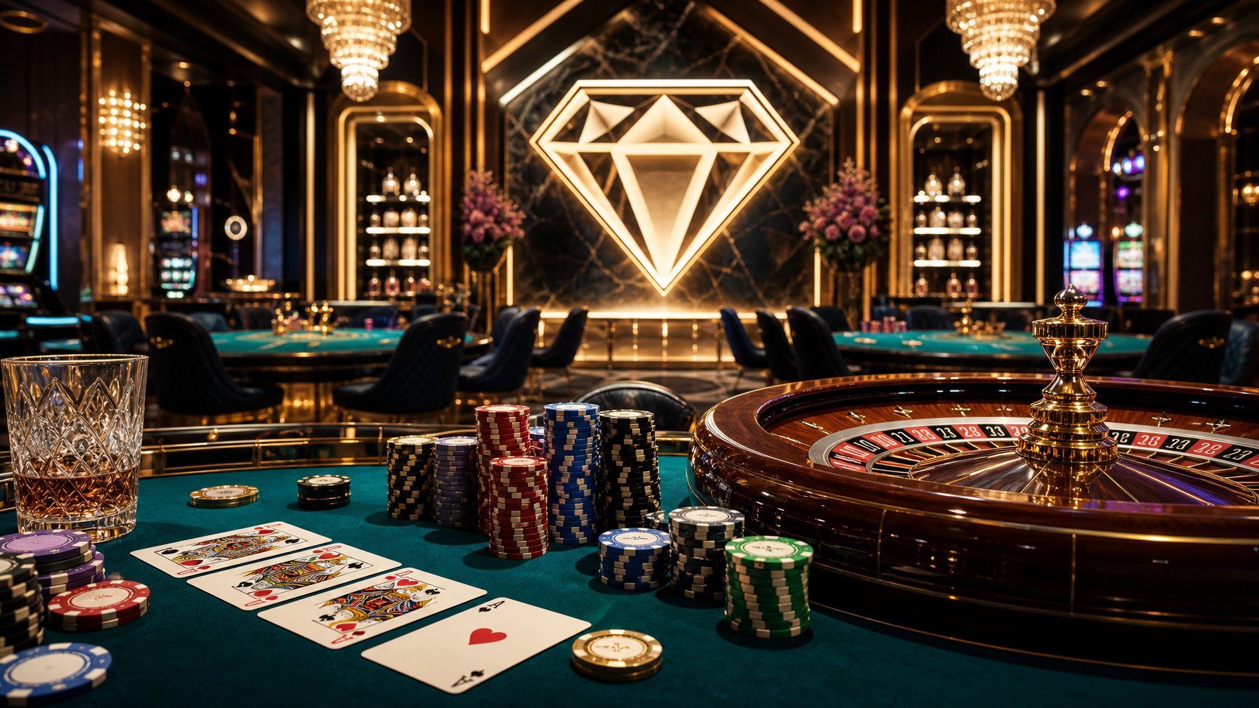 A Luxurious Casino Interior With A DiamondShaped Glowing Logo, A Gaming Table With Poker Chips, Cards, And A Roulette Wheel Under Warm Ambient Lighting.