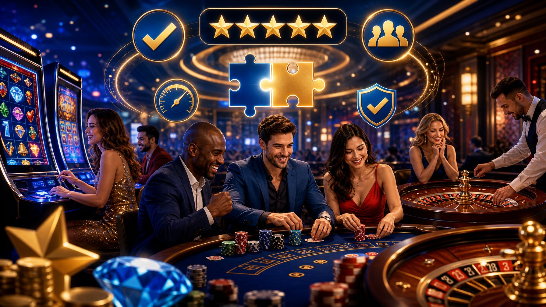 A Group Of Diverse Players Engaging With Casino Games Like Slots And Poker In A Vibrant Casino Setting, Surrounded By Symbols Representing Quick Decisions And Player Compatibility.