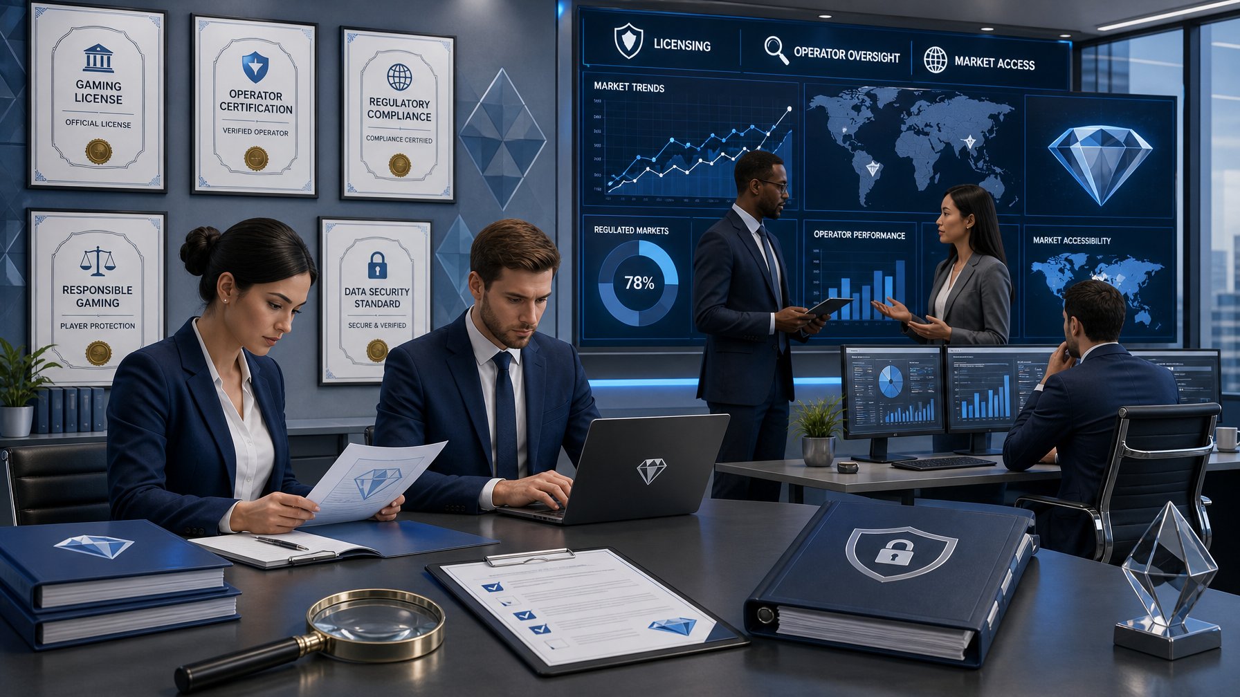 A Group Of Professionals In An Office Reviewing Documents And Data Related To Licensing And Market Access For An Online Casino.