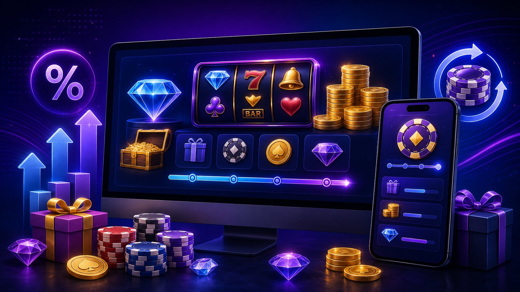 A Digital Device Displaying CasinoRelated Icons Like Diamonds, Chips, And Coins, Surrounded By Symbols Representing Bonuses And Wagering.