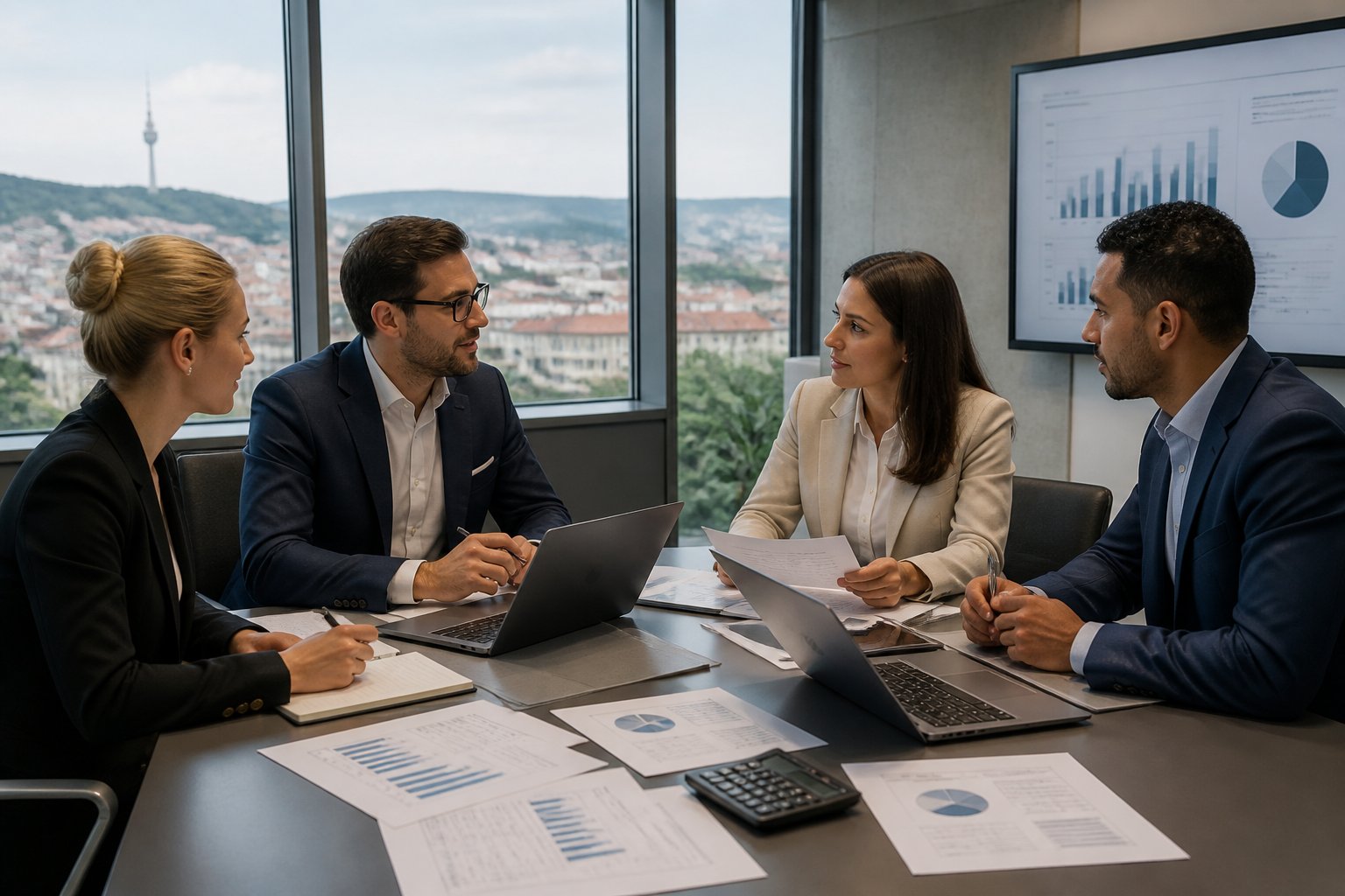 Ein Team von Steuerberatern arbeitet gemeinsam an einem Konferenztisch in einem modernen B&uuml;ro mit Blick auf die Stadt Stuttgart.
