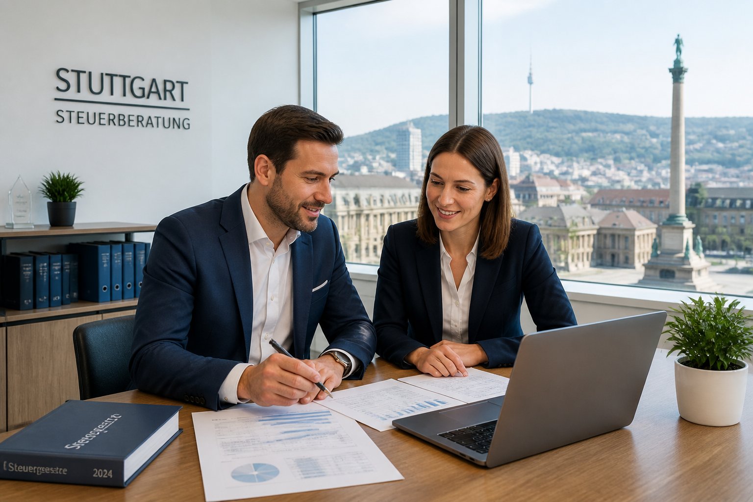 Zwei Steuerberater in einem modernen B&uuml;ro in Stuttgart besprechen gemeinsam Dokumente an einem Schreibtisch mit Blick auf die Stadt.